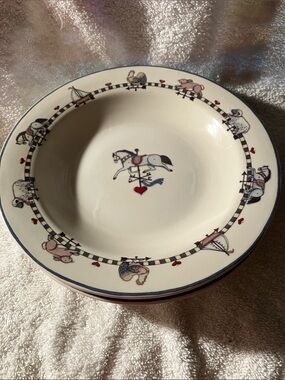 3 Susan Winget Windy Hill 9 1/8”  Ceramic Soup Bowls with Animal Motifs